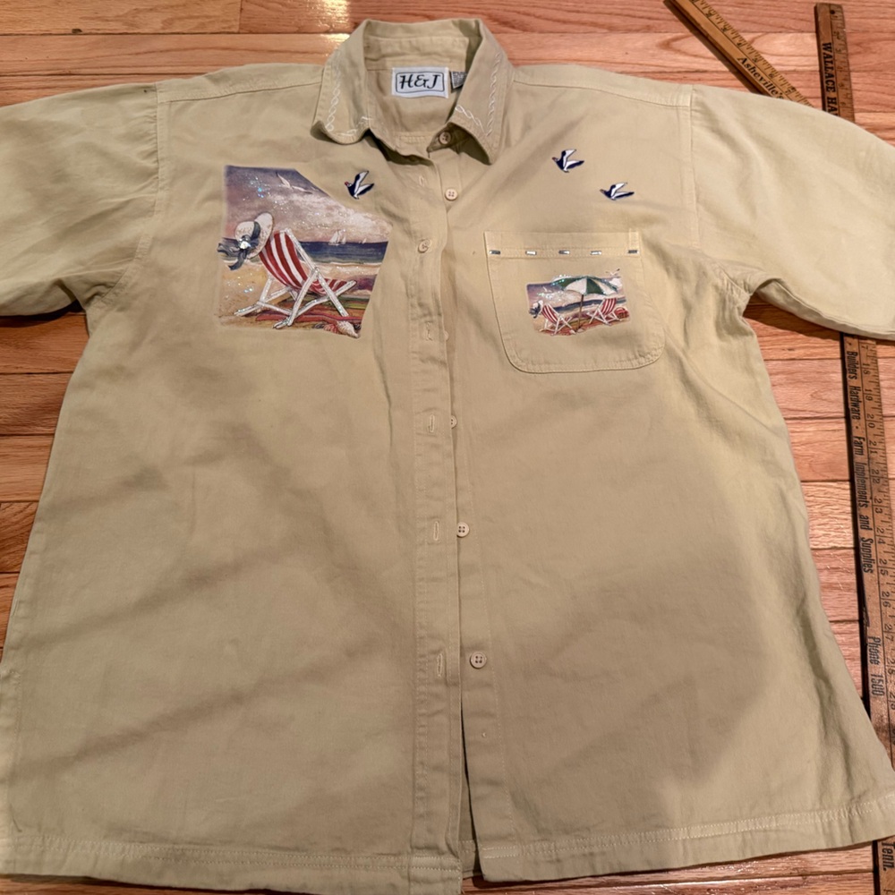 Women’s Beige Button-Down Shirt glitter sparkle Beach Scene Size L grannycore - Picture 2 of 6